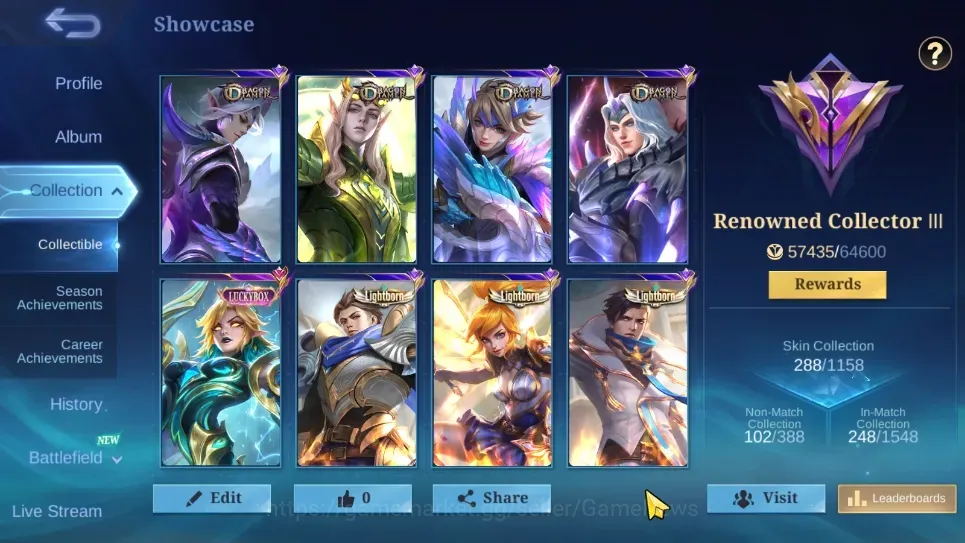 Mobile Legends: Bang Bang Accounts Collector Hero 133|Skin 288|Kof Karina,Lbox Eudora,CC 1