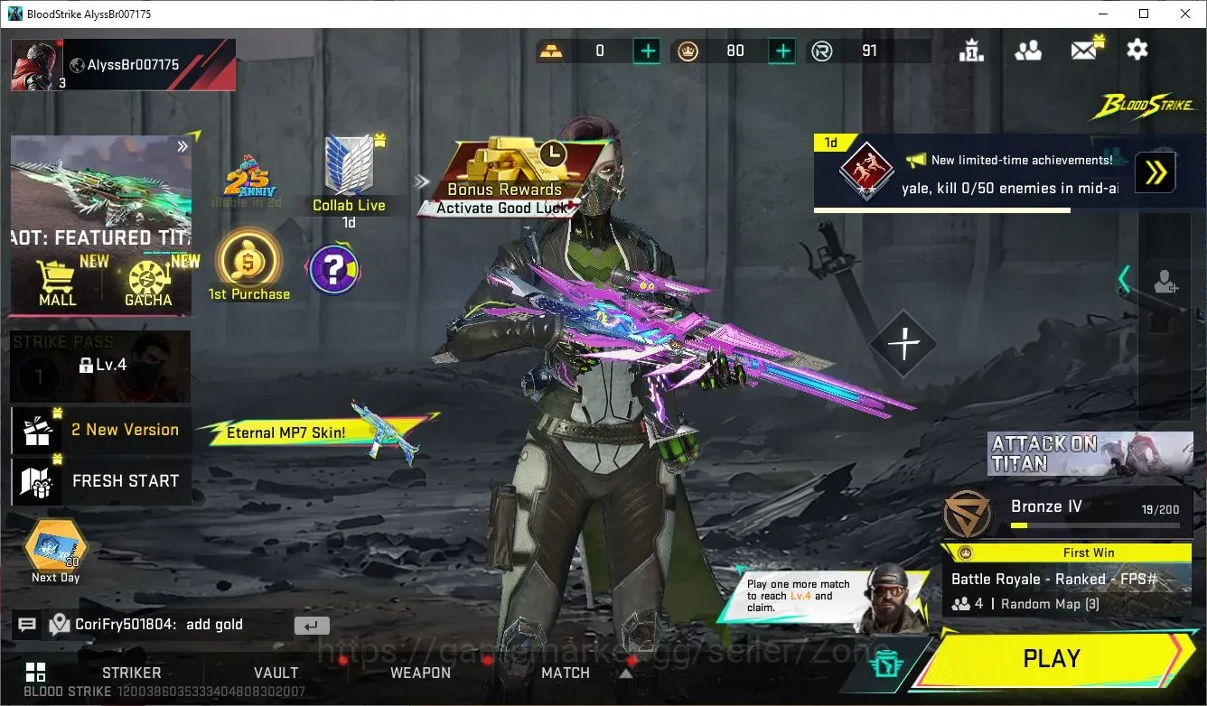 Blood Strike Accounts Starter ASIA|Starter|1 ETERNAL: Galil - Blight's Embrace|1 LEGENDARY Gun|2 LEGENDARY Items|1 Rare 1