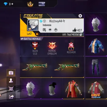 Free Fire Accounts M1887 TROMPET - RAMBUT KUNCIR HITAM - GLOWAL FULL KECE - KAKASHI PUTIH - POLOSAN ELIT CS