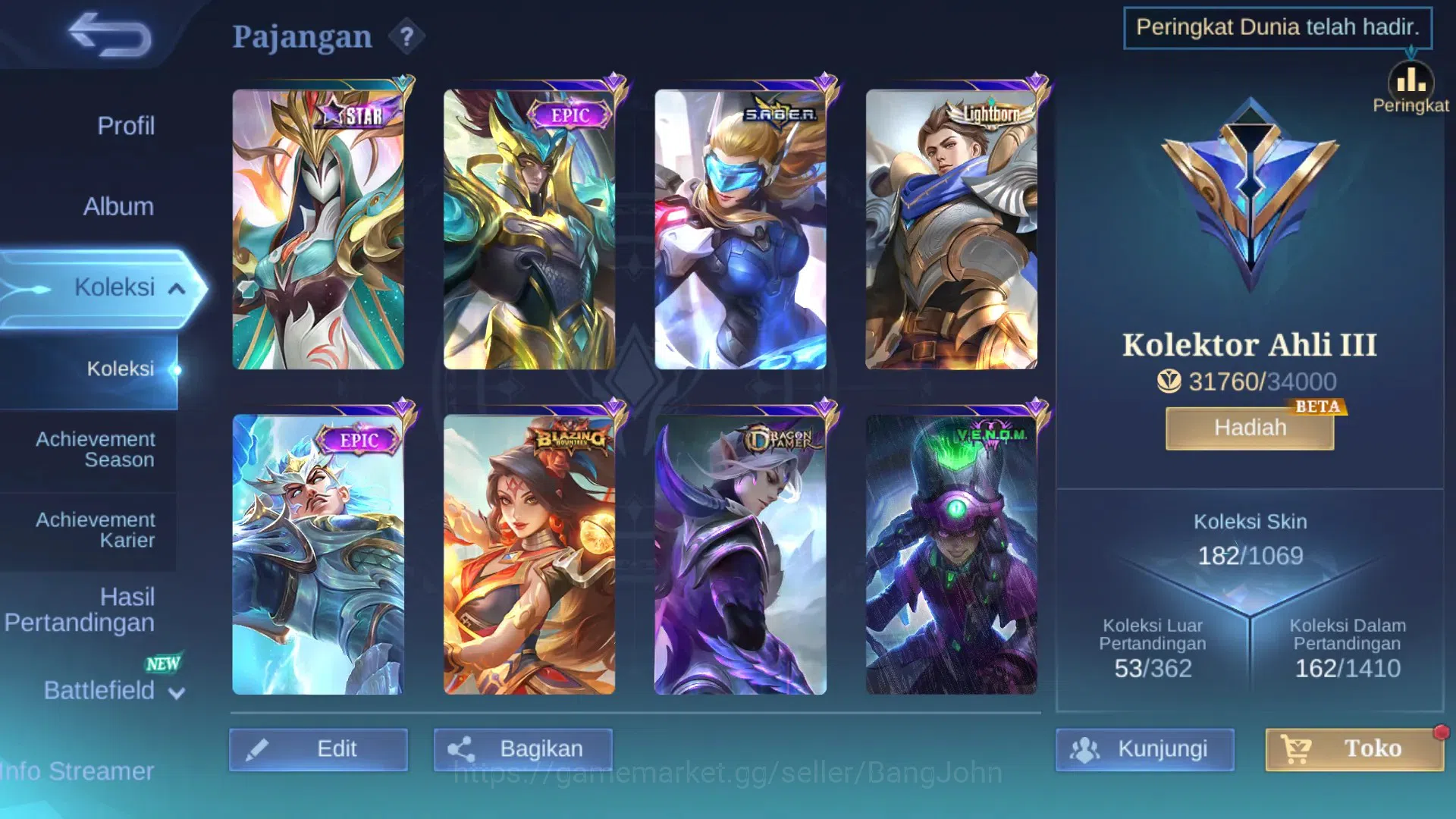 Mobile Legends: Bang Bang Accounts Global Hero 119 | Skin 182 | Ex Glory 59 | Spongeb image 3
