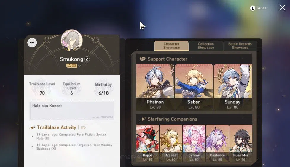 Honkai Star Rail Accounts ASIA|TL 70|15 Limit|[Phainon,Sunday,Saber,Castoric image 2