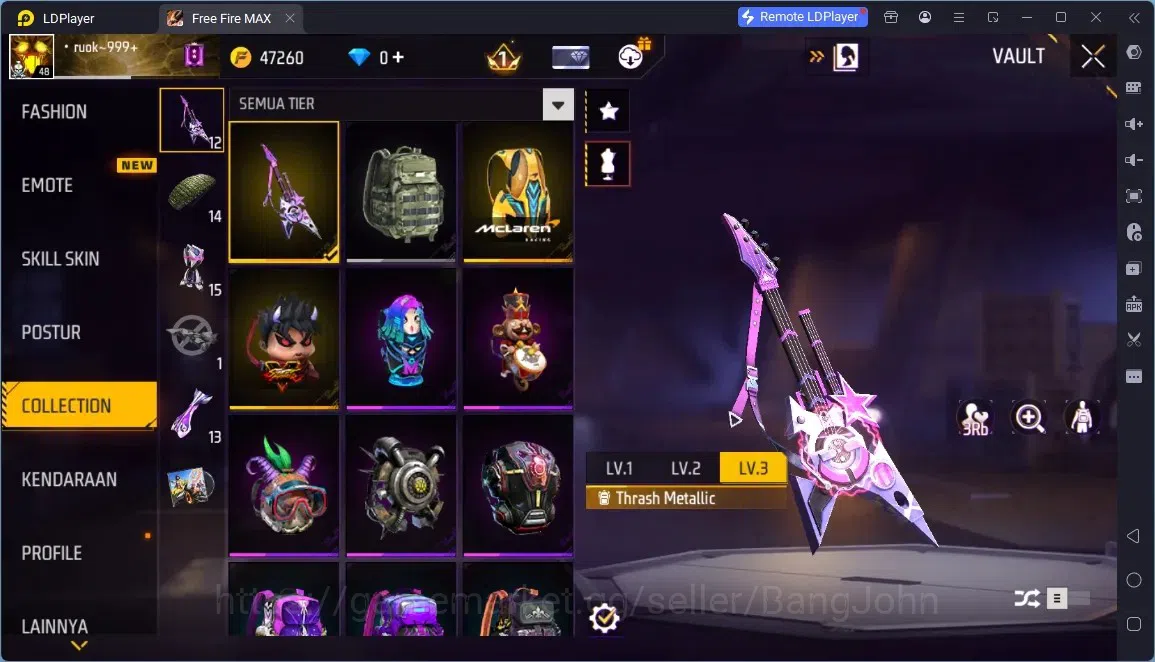 Free Fire Accounts Indonesia | M1887- RAPPER UNDERWORLD| McLaren Racing Bundle & Backpack| Thrash Metalic Backpack | Check 13