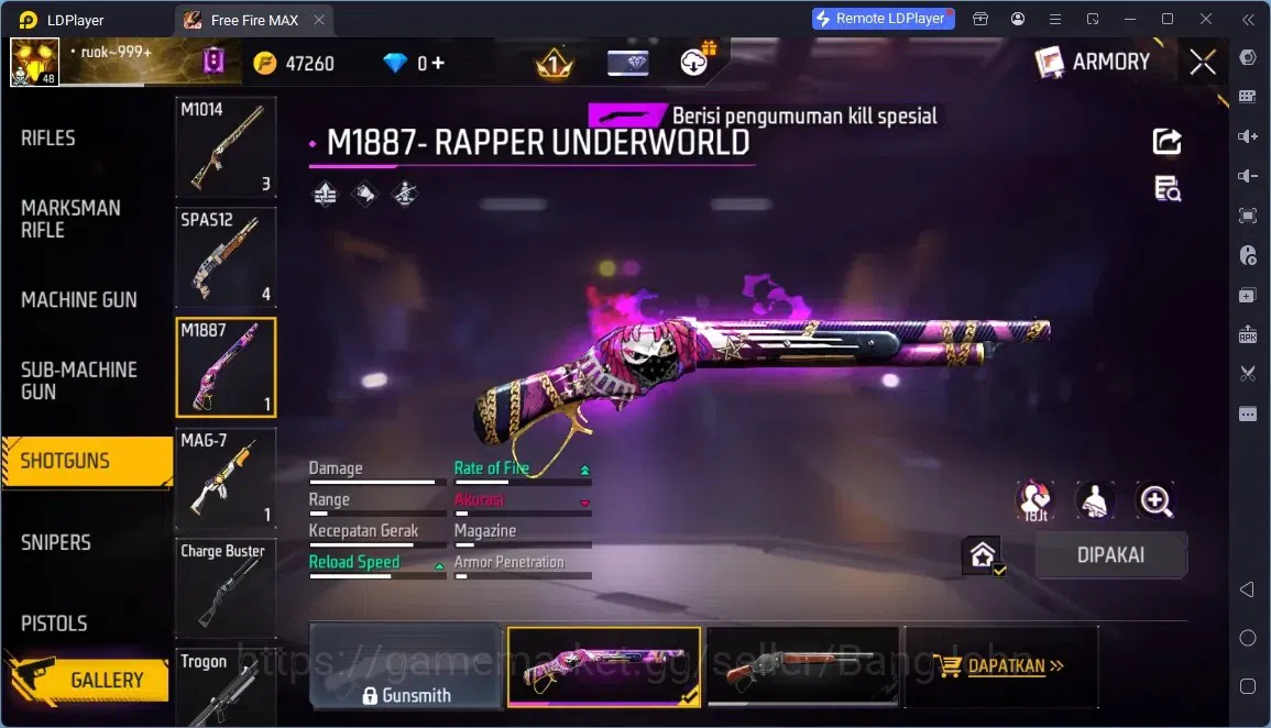 Free Fire Accounts Indonesia | M1887- RAPPER UNDERWORLD| McLaren Racing Bundle & Backpack| Thrash Metalic Backpack | Check 3