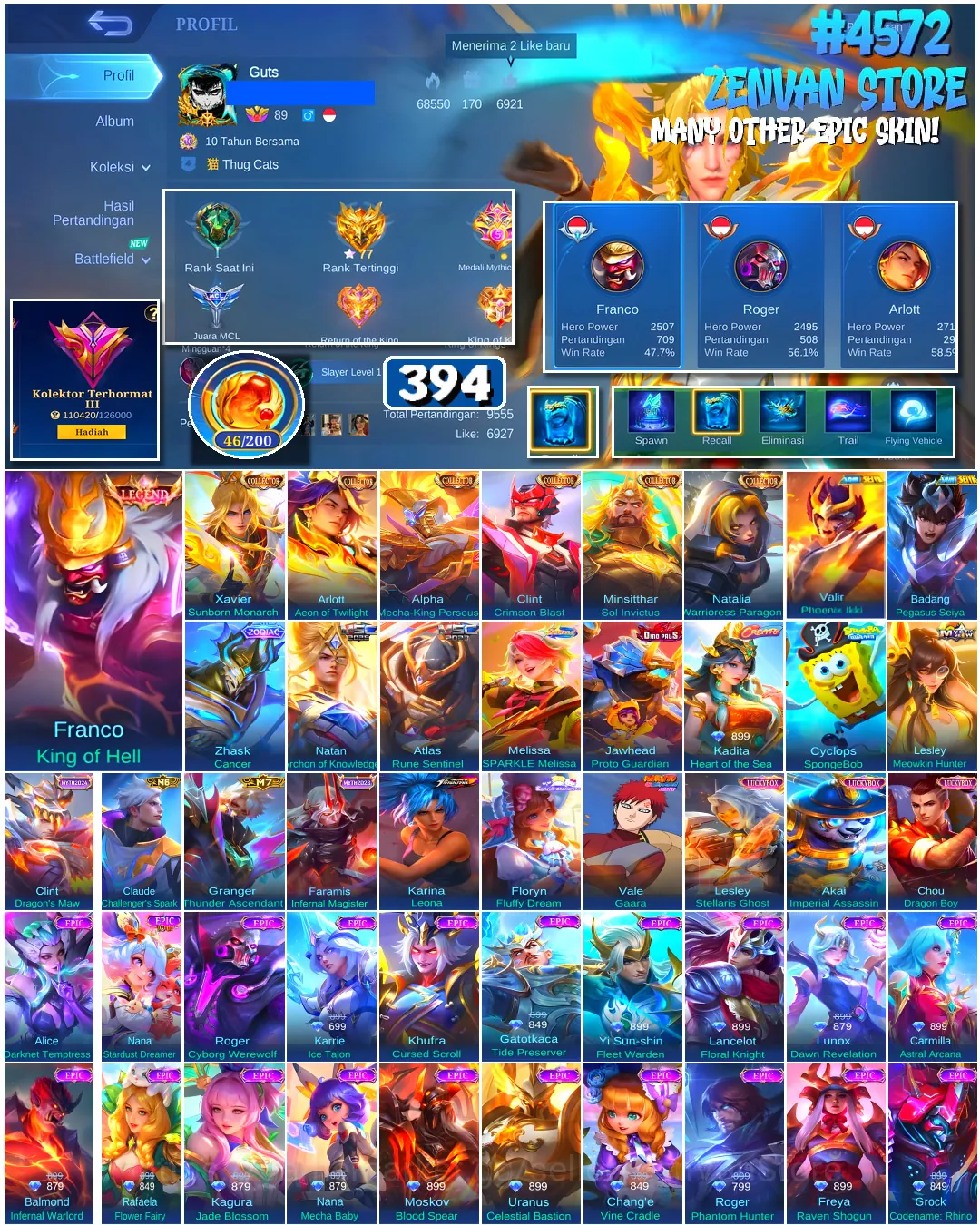 Mobile Legends: Bang Bang Accounts #4572 394 Skins | Franco King of Hell (LEGEND) | Floryn Fluffy Dream (SANRIO) | Karina 1