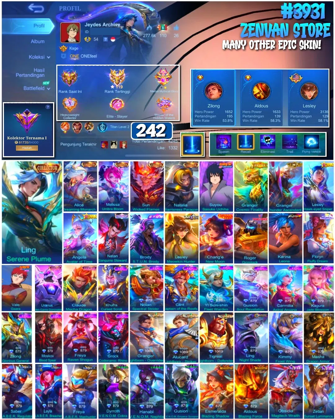 Mobile Legends: Bang Bang Accounts #3931 | 242 Skins | LOGIN GOOGLE ONLY (Moonton Login Mati) | Collector Ling, Alice 1