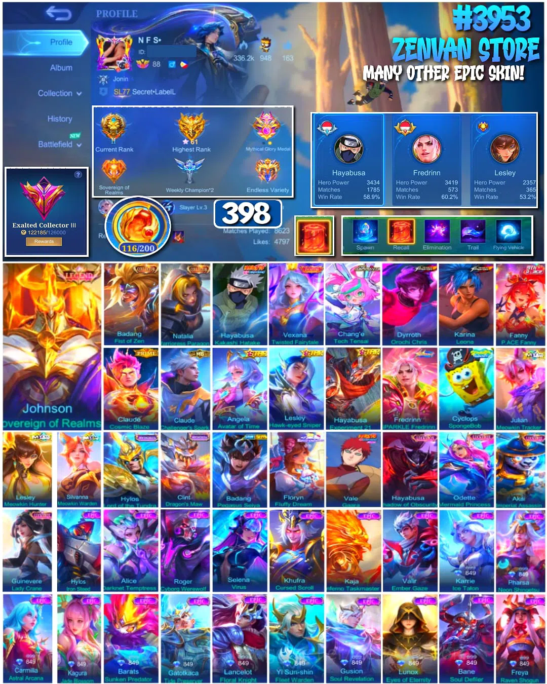 Mobile Legends: Bang Bang Accounts #3953 | 398 Skins | Legend Jhonson | Collector Badang & Natalia | Kakashi | Zenith Vexana 1