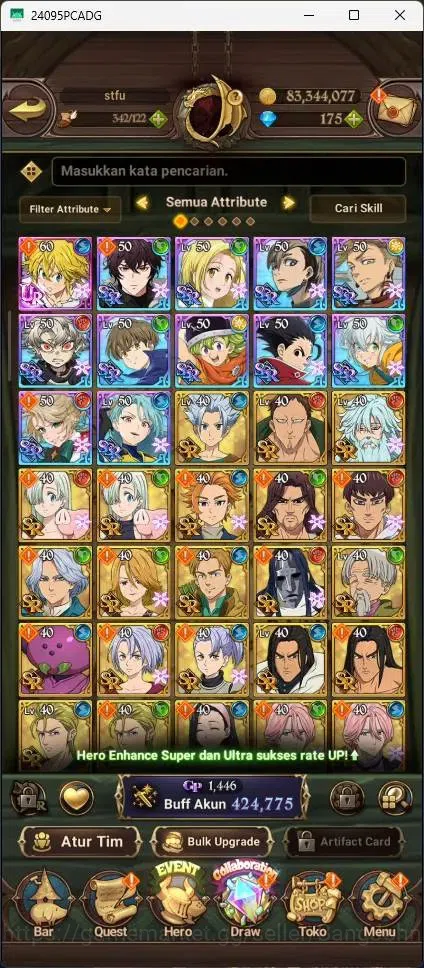 The Seven Deadly Sins: Grand Cross Accounts Others ASIA|424,775K CC|UR Demon King Meliodas 1/6|Collab Gachiakuta|Log TF 4