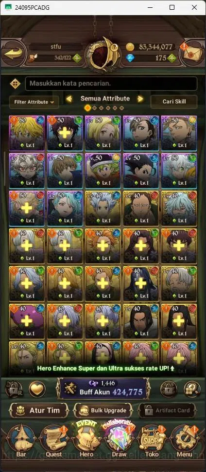 The Seven Deadly Sins: Grand Cross Accounts Others ASIA|424,775K CC|UR Demon King Meliodas 1/6|Collab Gachiakuta|Log TF 5