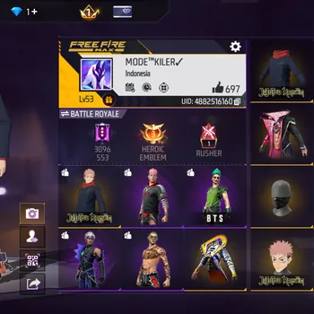 Free Fire Accounts POLOSAN LUMAYAN - BUBDLE JEJUTSU KAISEN - BUBDLE BTS - EMOT KECE SEMUA - BAJU RAME