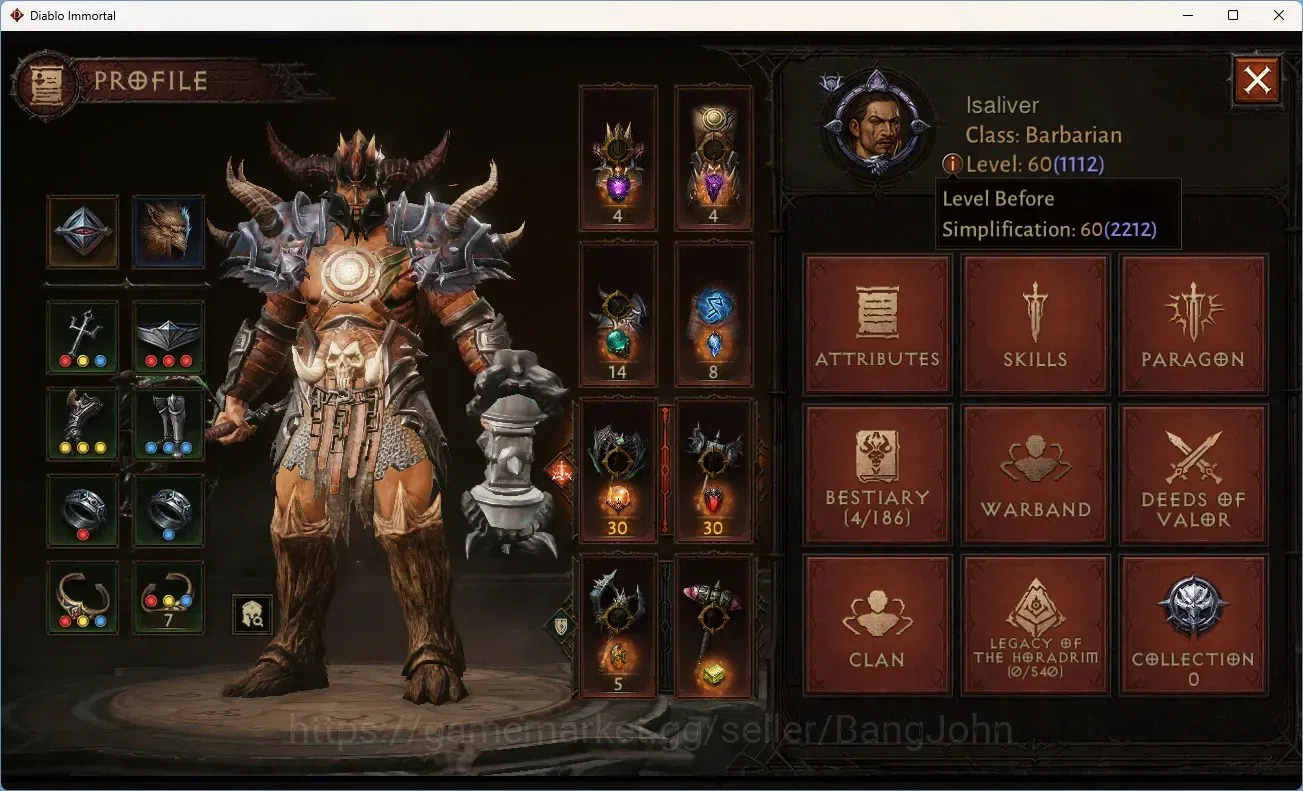 Diablo Immortal Accounts High-End SEA-Verathiel | 60 (1112) Barbarian-Harbinger | CR 47197 | Reso 330 | Inferno V | CS ON 1