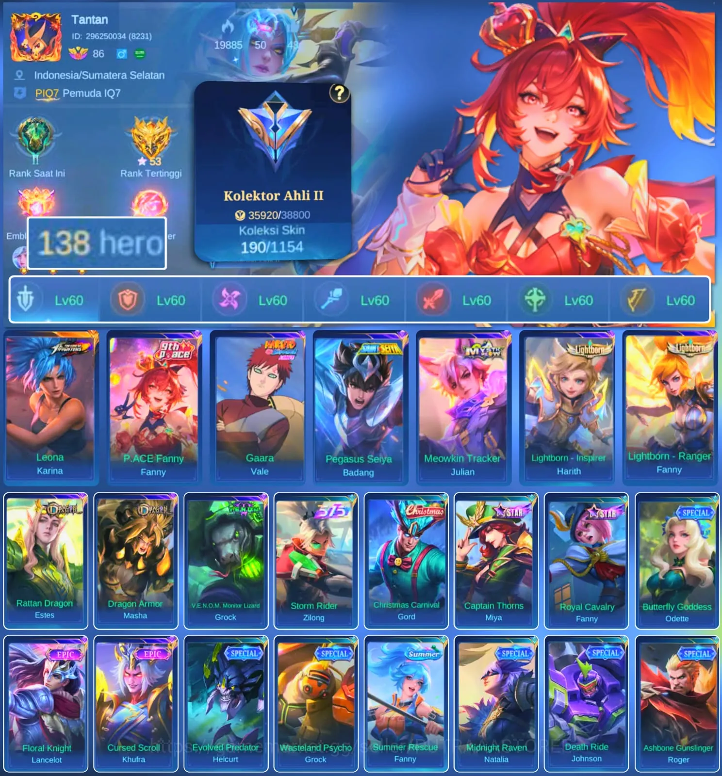 Mobile Legends: Bang Bang Accounts Others HERO 138 SKIN 190 | EMBLEM ALL MAX| PACE FANNY| VALE GARA| HERO GOOD| SKIN GOOD 1