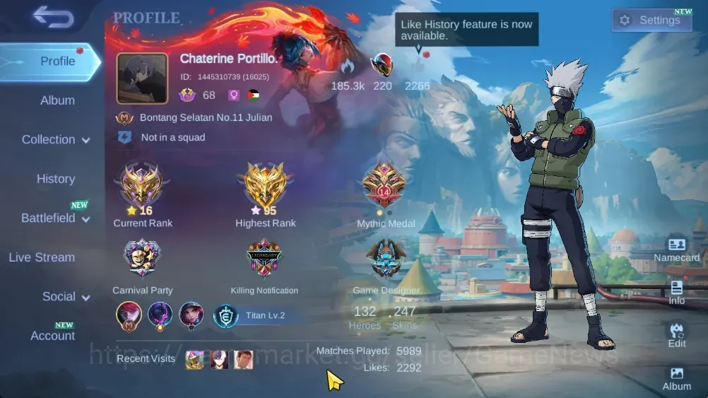 Mobile Legends: Bang Bang Accounts Others Hero 132|Skin 247|Ex Glory 95|Naruto Hayabusa,JJK Julian,Aspirants Lesley,PRIME 1