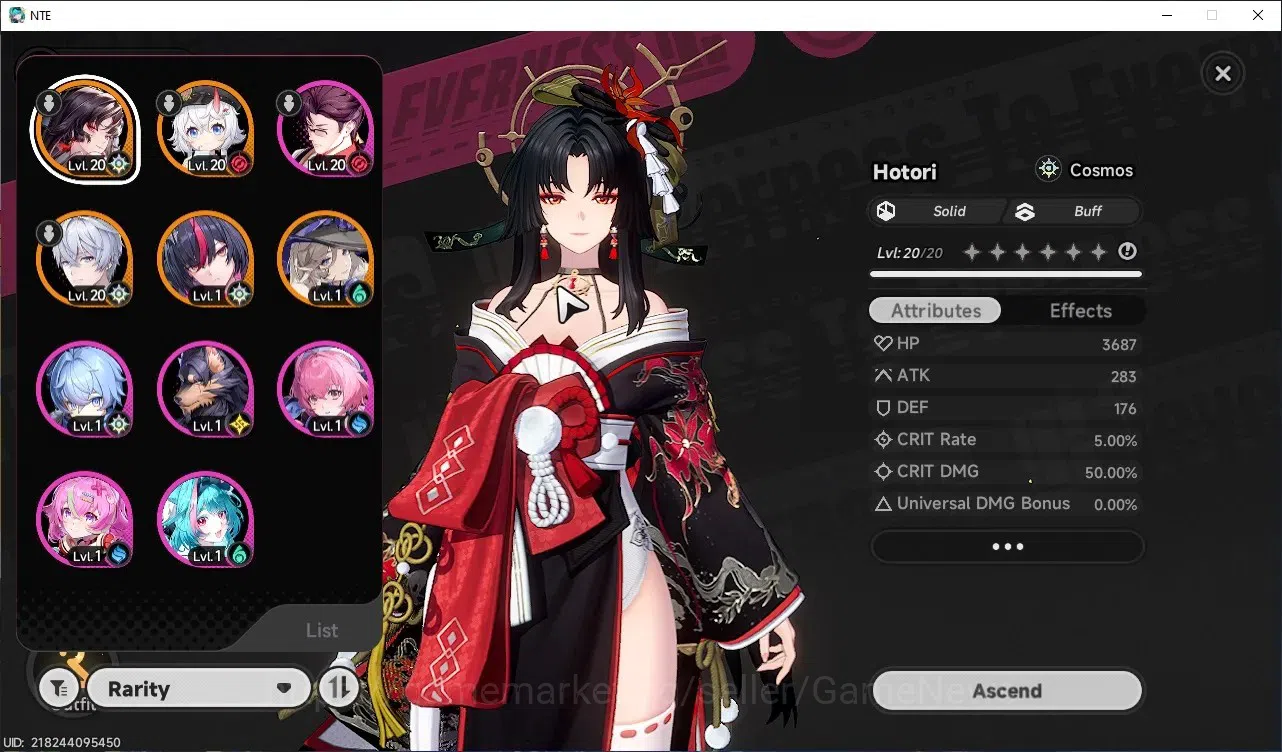 Neverness to Everness Accounts SEA|HL 8|TL 2|4 SSR 2 Limited (Hotori,Shinku)+Std (Sakiri,Jiuyuan)|3 S Class Selector 1