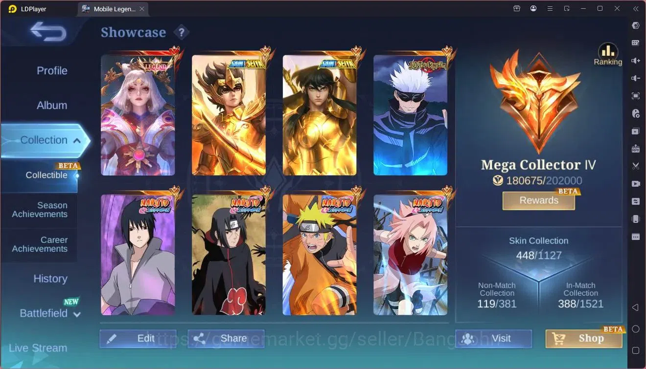 Mobile Legends: Bang Bang Accounts Collector Global |Hero 133|Skin 448|Mega|Legend Lunox|SaintSeiya Badang,Chou|JJK 2