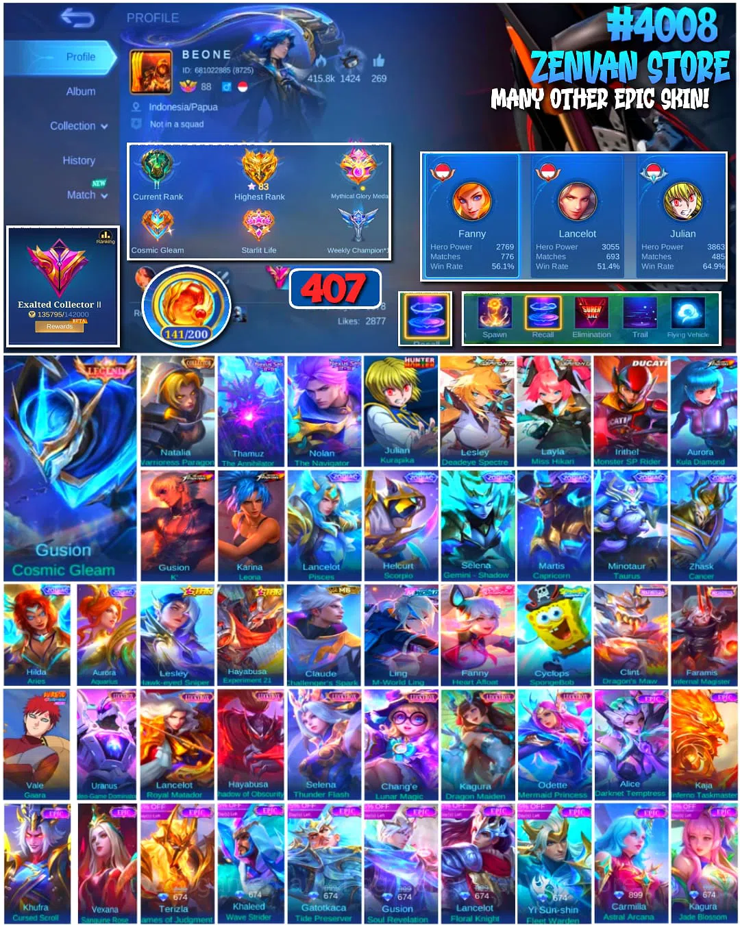 Mobile Legends: Bang Bang Accounts 🔥 #4008 🔥 407 Skins 💎 Exalted Collector II 👑 Legend Gusion Cosmic Gleam ⚔️ Naruto 1