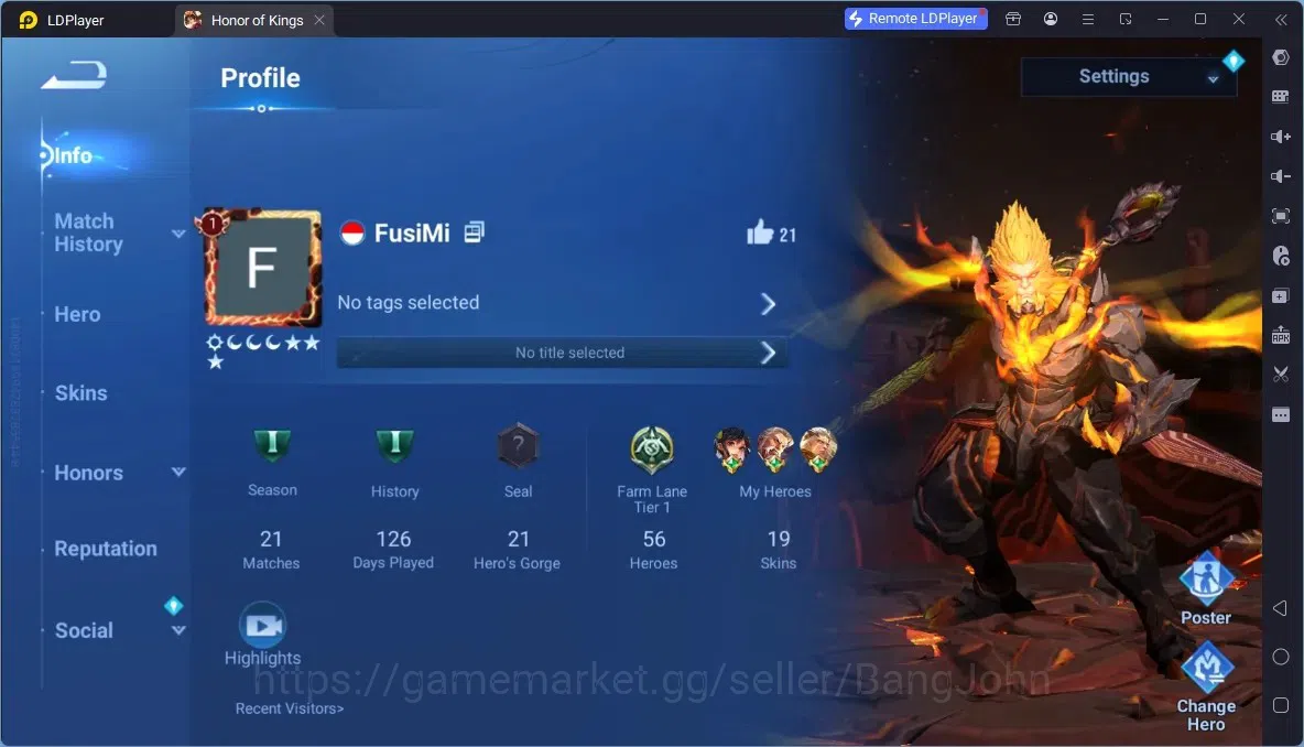 Honor of Kings Accounts Rare Skin Global|56H 19S|KIC Luna|2 Legend|2 Event Exclusive|2 Epic|6 Rare Skins|1Honor 1