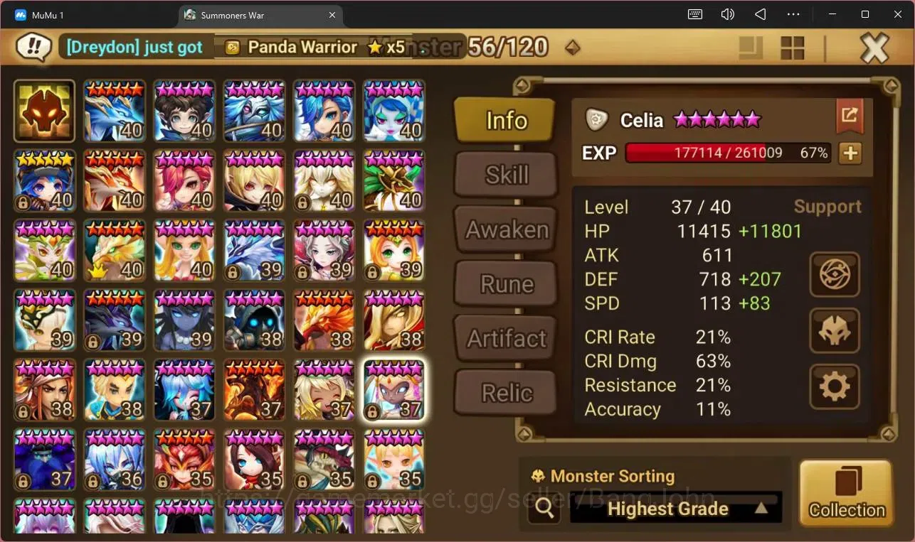 Summoners War: Sky Arena Accounts Others ASIA |LV88| LD 2(Qitian Dasheng,Celia)|17 NB5(Teshar,Leo, Etc)|33 Total B6|Ready to 6