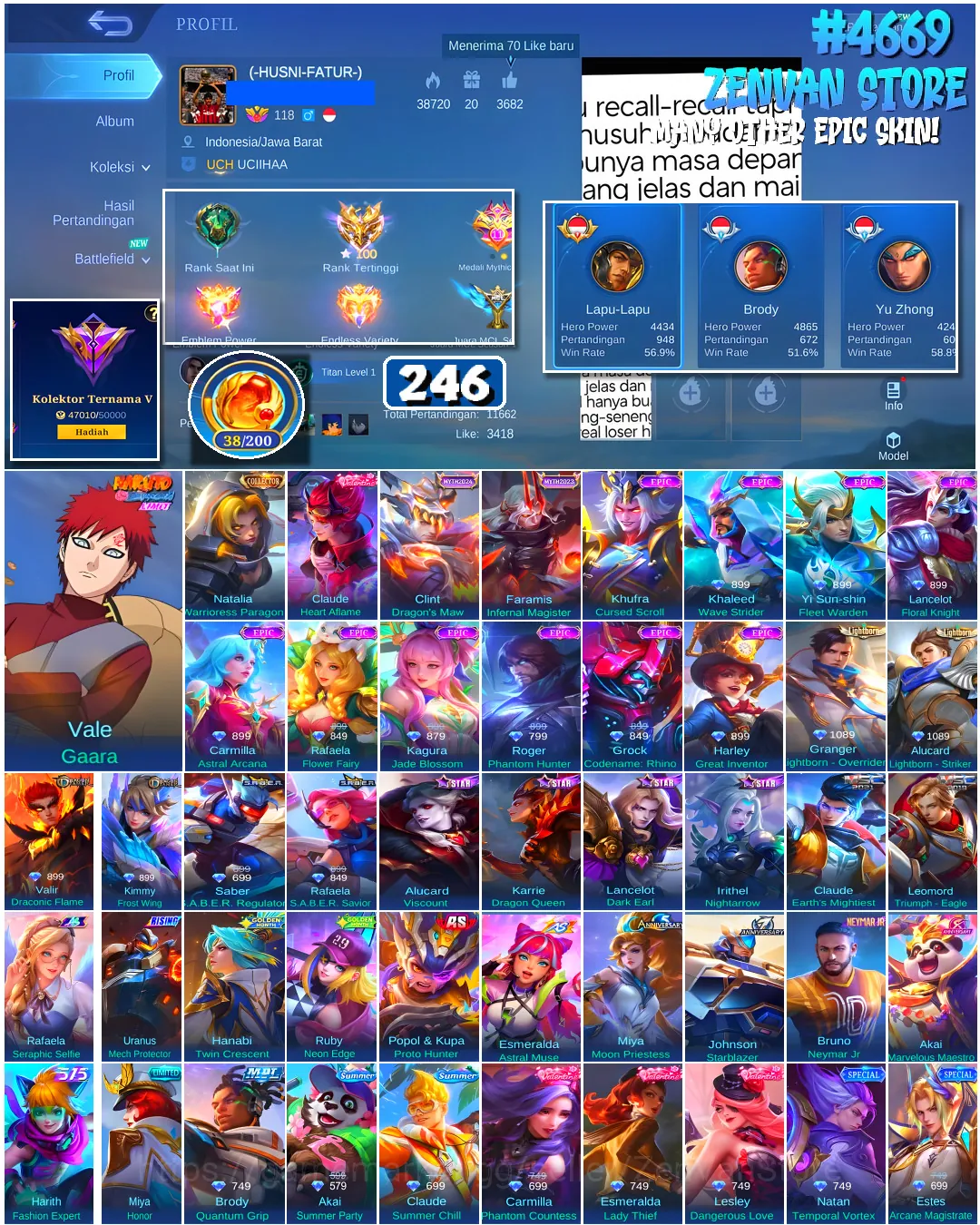 Mobile Legends: Bang Bang Accounts #4669 246 Skins | Vale Gaara (NARUTO) | Natalia Warrioress Paragon (COLLECTOR) | Carmilla 1
