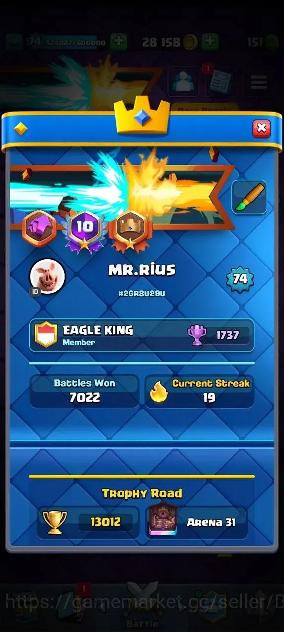 Clash Royale Accounts Lv 74|Trophy 13012|KTL 15|Card121|21 Max|5 Hero|18 image 1