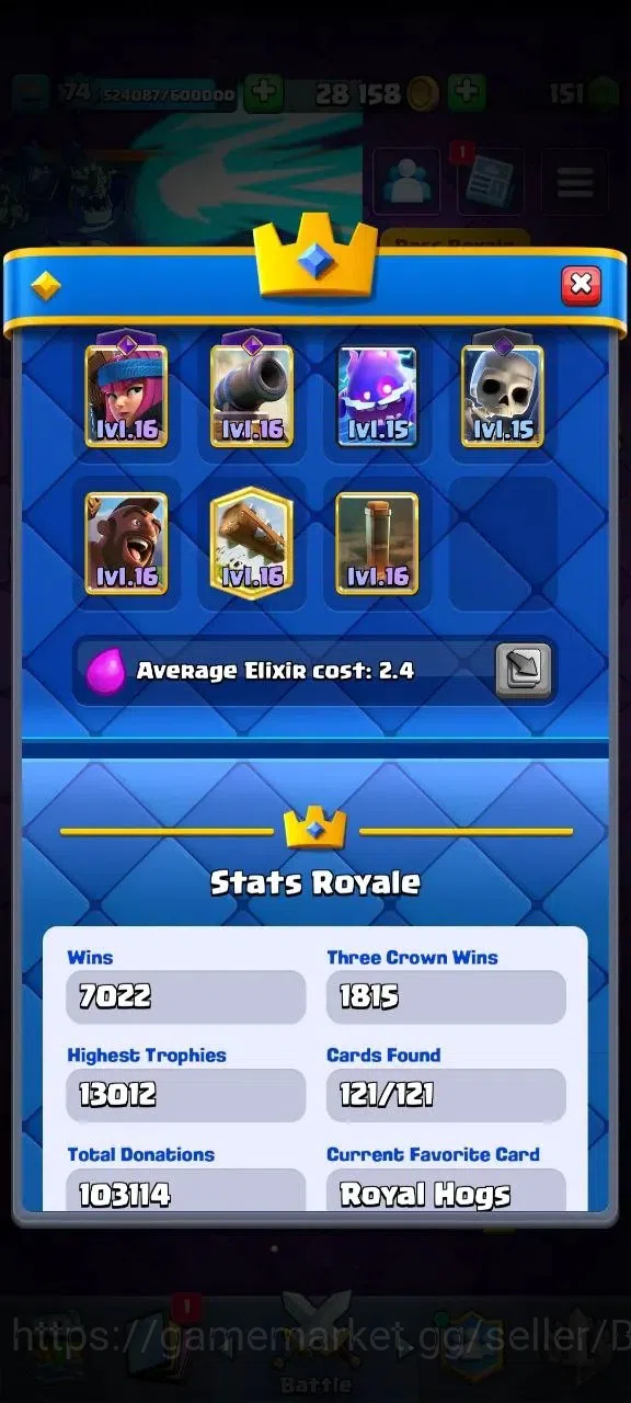 Clash Royale Accounts Lv 74|Trophy 13012|KTL 15|Card121|21 Max|5 Hero|18 image 2