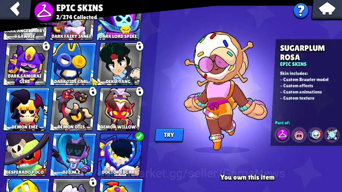 Brawl Stars Accounts 1703 Trophy|24 Brawlers 1 Max Lvl [EMZ] Myth Mortis|14 Skins|2 Epic [Sugarplum rosa] 2 SR|4,5K PP|CN 8