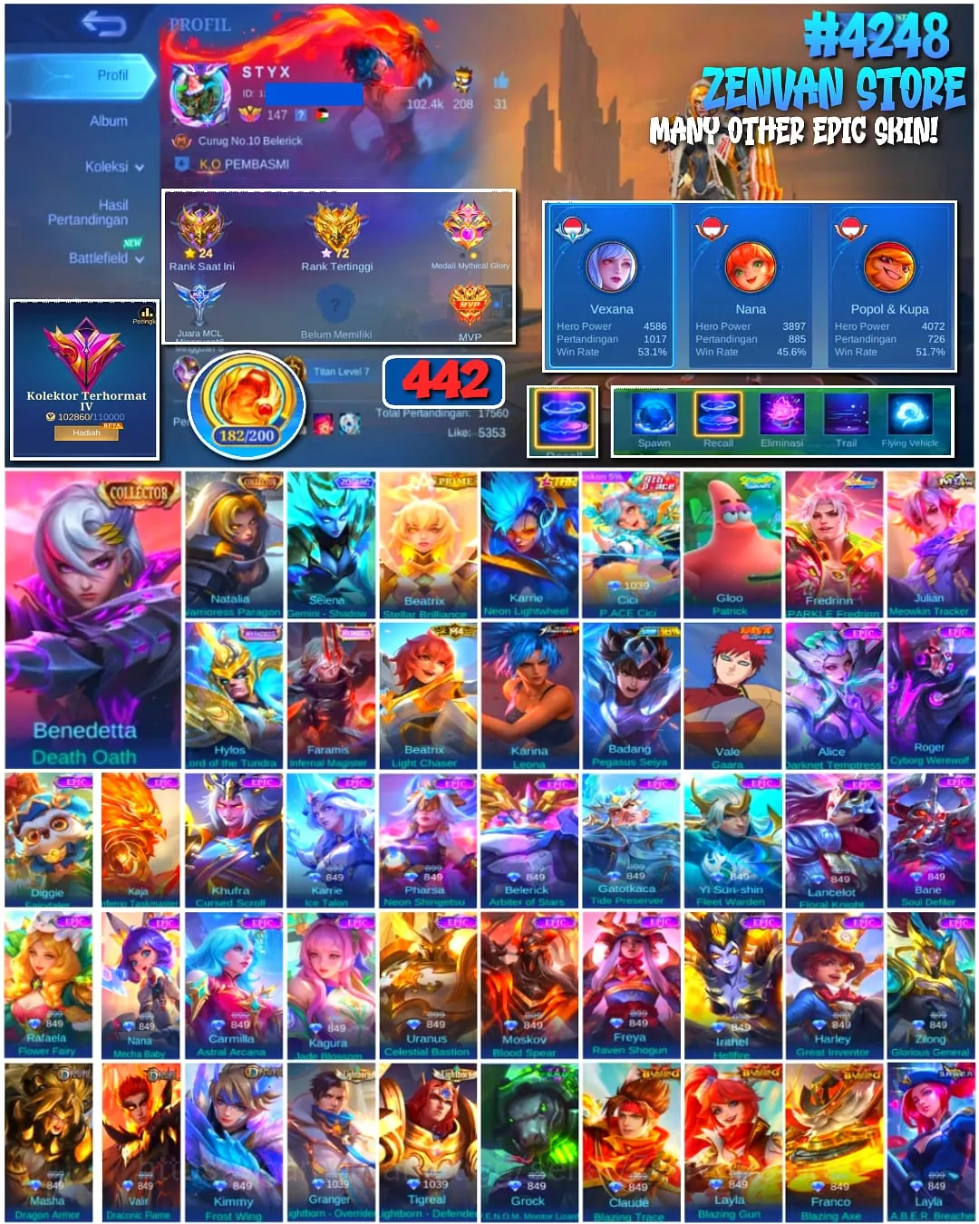 Mobile Legends: Bang Bang Accounts #4248 442 Skins | Karina Leona (King of Fighters) | Vale Gaara (Naruto) | Badang Pegasus 1