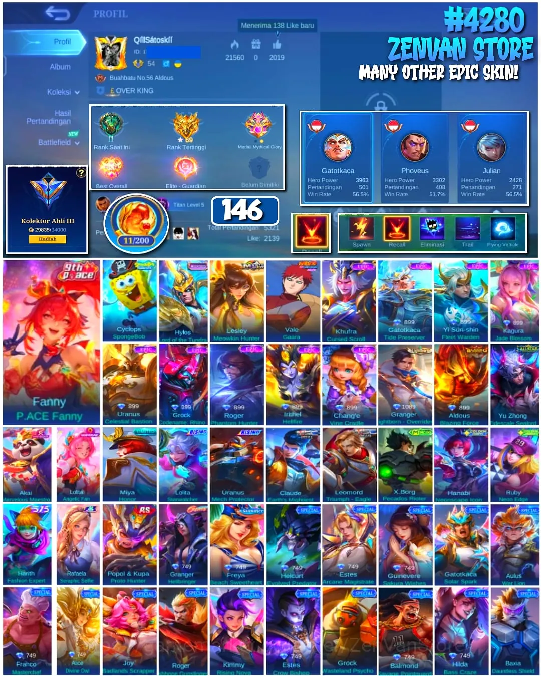 Mobile Legends: Bang Bang Accounts #4280 146 Skins | Vale Gaara (NARUTO) | Cyclops SpongeBob (SPONGEBOB) | Fanny P.ACE Fanny 1