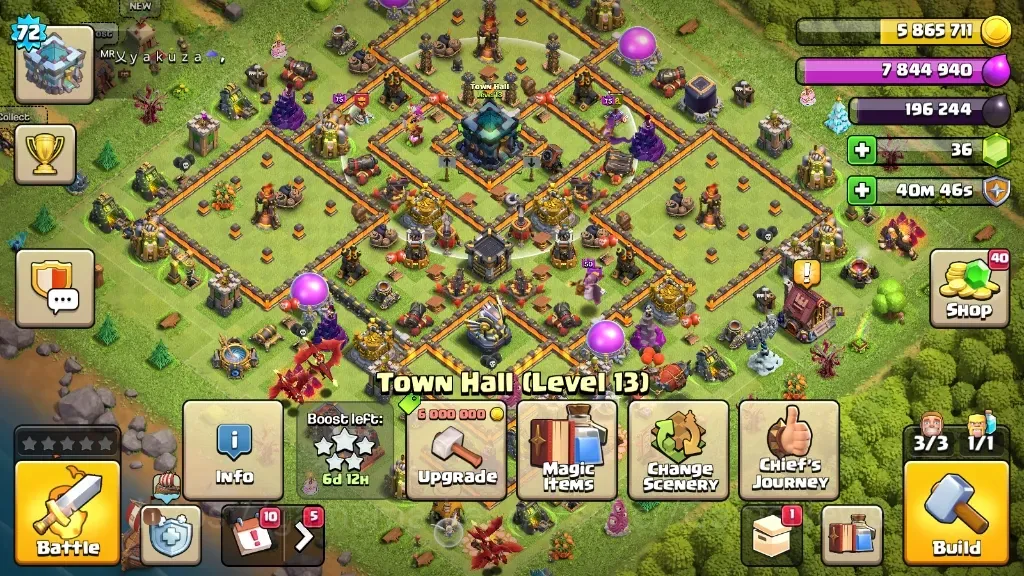 Clash of Clans Accounts High-End LV 72|TH 13-BH 6|HH 5|Limited Skin|BK 33,AQ 36,GW 11,MP 21|BM 10|Free CN ON|Protect 1