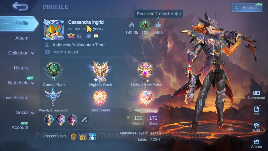 Mobile Legends: Bang Bang Accounts Collector Hero 130|Skin 172|Ex Immo 100|Beatrix PRIME,Karina KoF,CC (Yu Zhong,Nata),VENOM 1