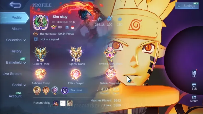 Mobile Legends: Bang Bang Accounts Collector Hero 133|Skin 359|Ex Immo 116|Recall Seal Anvil|Freya Legend|Lukas 1