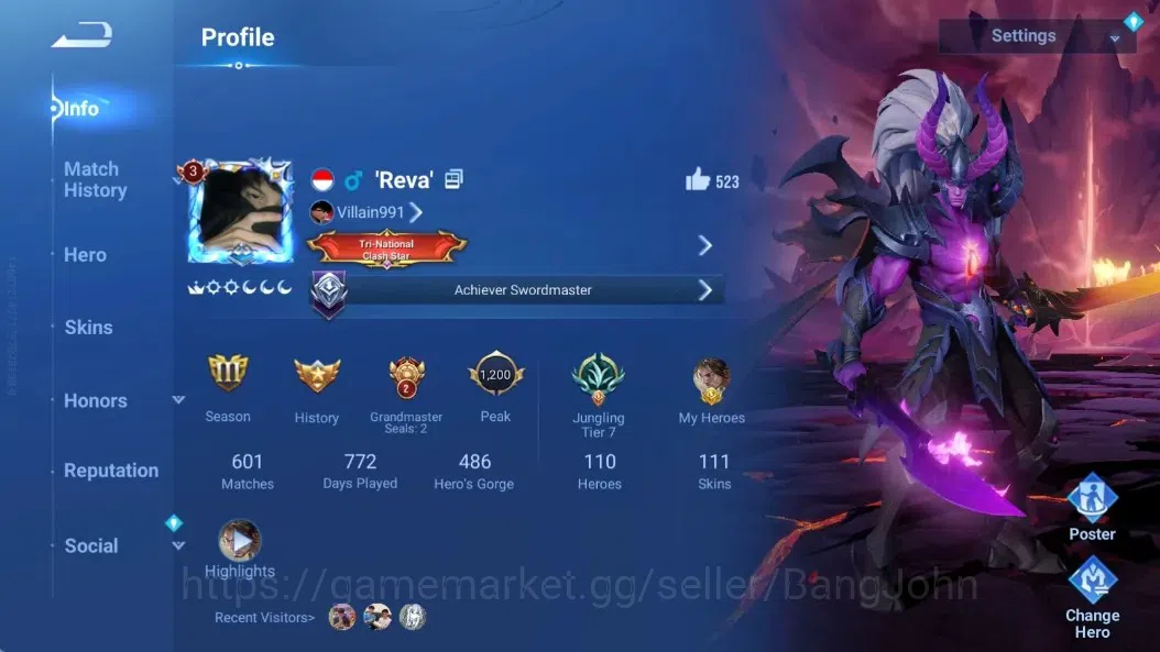 Honor of Kings Accounts Global|110H 111S|3 Legend [Kaizer(Demonplate),Musa image 1