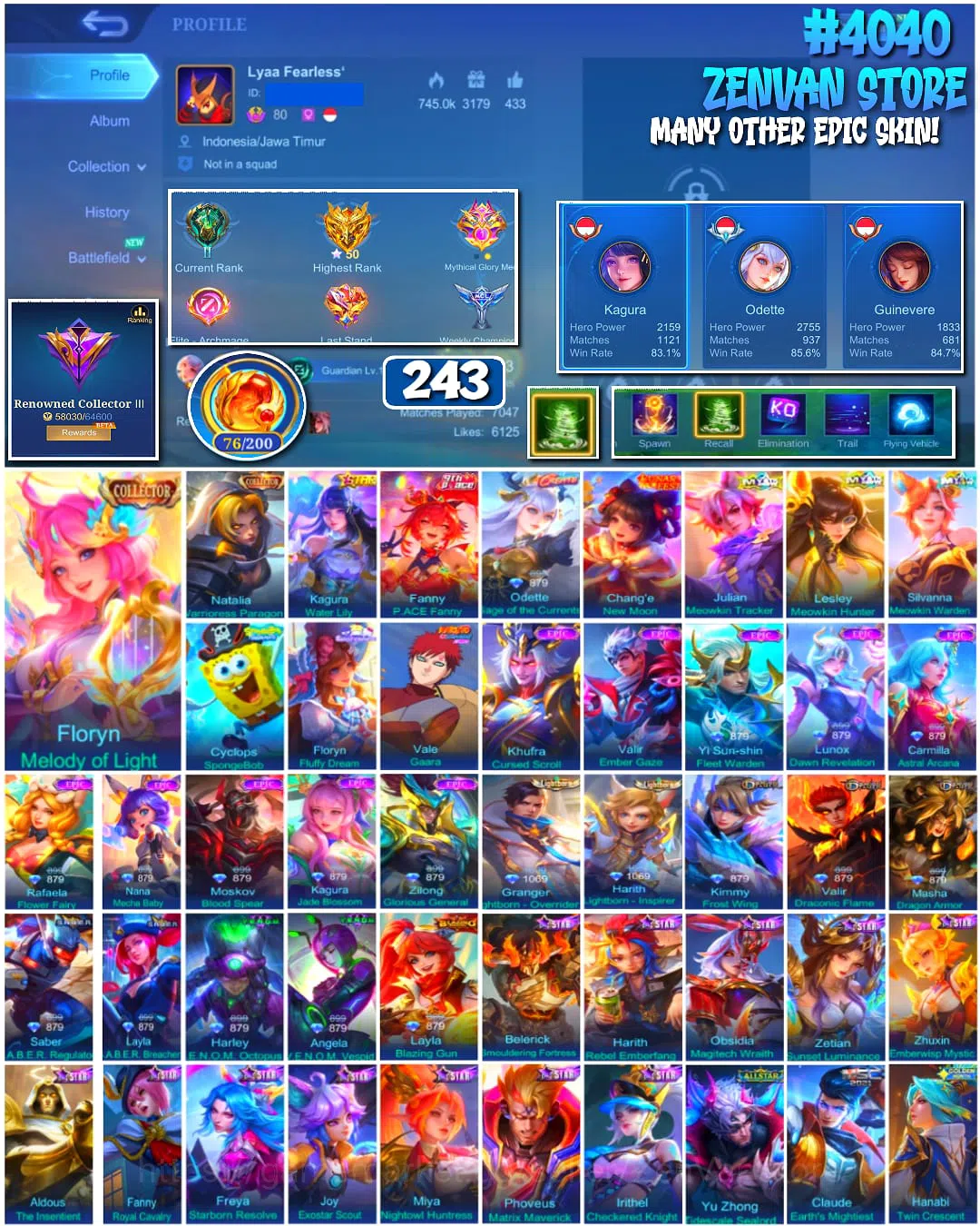 Mobile Legends: Bang Bang Accounts 🔥 #4040 🔥 243 Skins 💎 RENOWNED COLLECTOR III 👑 2 Collector Skins Floryn Melody of 1