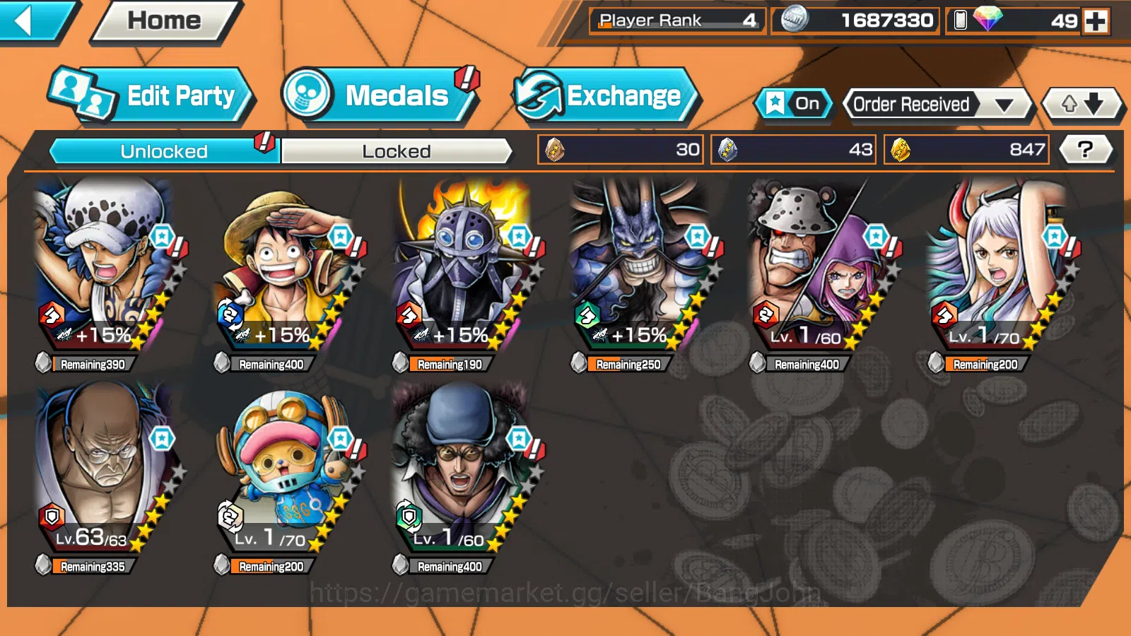 One Piece Bounty Rush Accounts Global|6EX|BTKOTP M.D Luffy,WI Law,BOMO Kaido,BB K image 2