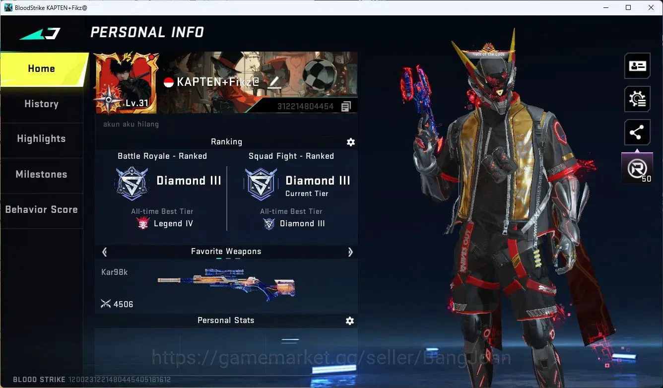 Blood Strike Accounts ASIA| Eternal D.Eagle-Scorpius | 2 7DS: Kar98k, QB image 1