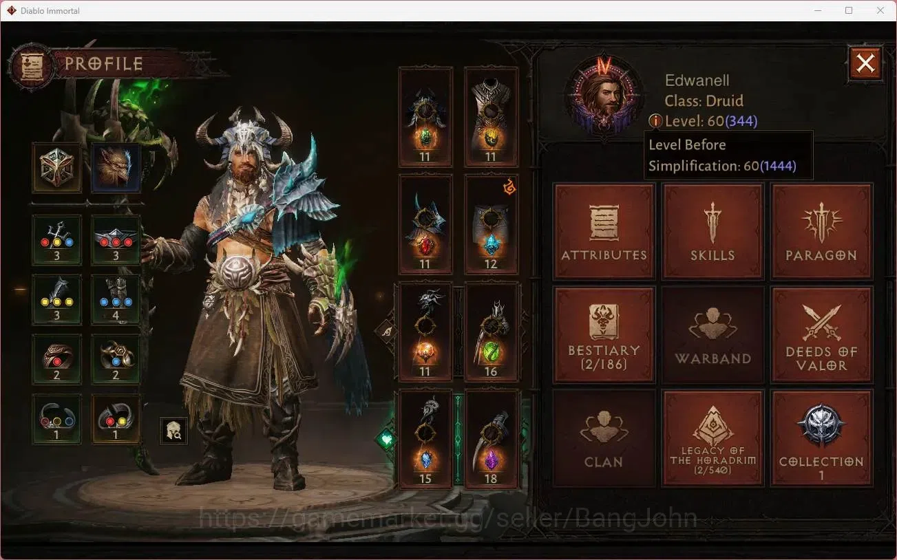 Diablo Immortal Accounts High-End OCE - Azmodan | 60 (344) Druid - Maledictor | CR 24k | Reso 525 | Hell 3 | 1 Cosmetics |Lv 1