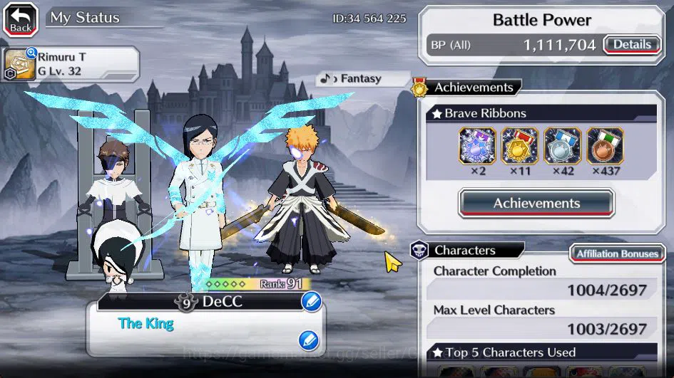 Bleach: Brave Souls Accounts Mid-Tier [GLOBAL] BP 1,1M + 19K Orbs|4 MT[TYBW26(Aizen,Uryu,Ichigo),Kon New Year]|14 Char 2