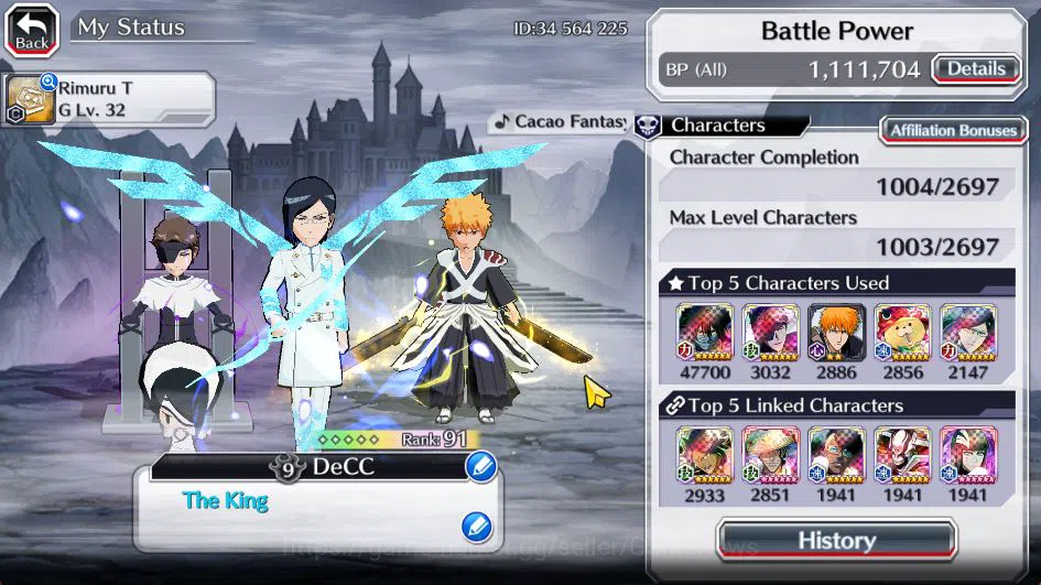 Bleach: Brave Souls Accounts Mid-Tier [GLOBAL] BP 1,1M + 19K Orbs|4 MT[TYBW26(Aizen,Uryu,Ichigo),Kon New Year]|14 Char 3