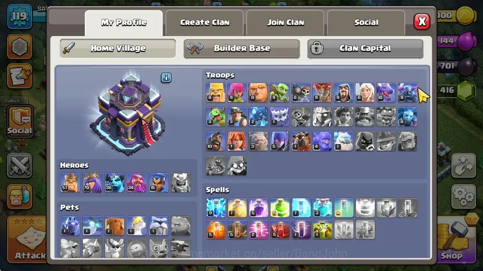 Clash of Clans Accounts High-End TH 15-BH7 |LVL 119|BK57,AQ70,MP36,GW34,RC15|HH7|BM20|1 Legendary & 2 Gold Skin|CN-On|3400 1