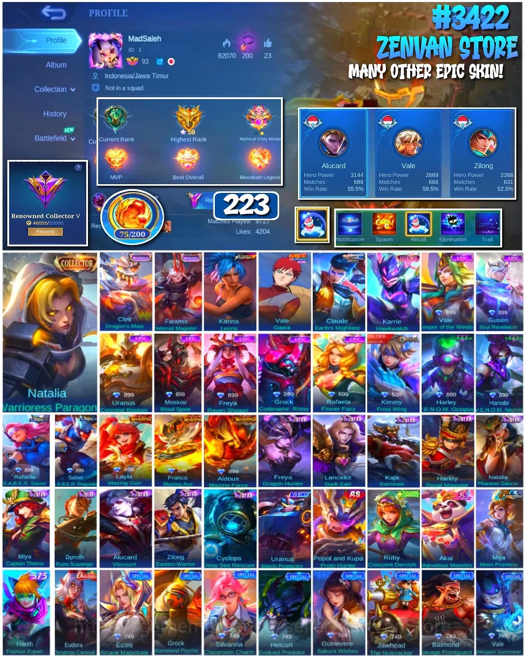 Mobile Legends: Bang Bang Accounts #3422 223 Skins | Collector Natalia | KoF Karina | image 1