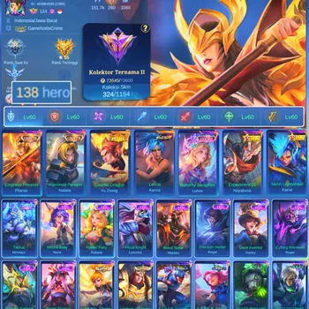 Mobile Legends: Bang Bang Accounts Rare Skin HERO 138 SKIN 324 | EMBLEM ALL MAX| COLECTOR PHARSA | PRIME ZU YHONG | STAR