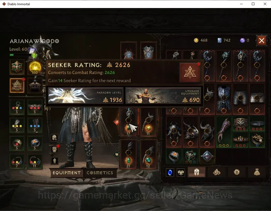 Diablo Immortal Accounts High-End SEA - Verathiel  |CS ON|Lv60(718)|Druid|40K CR|Reso 330|Paragon Maledictor|Inferno V|1 5