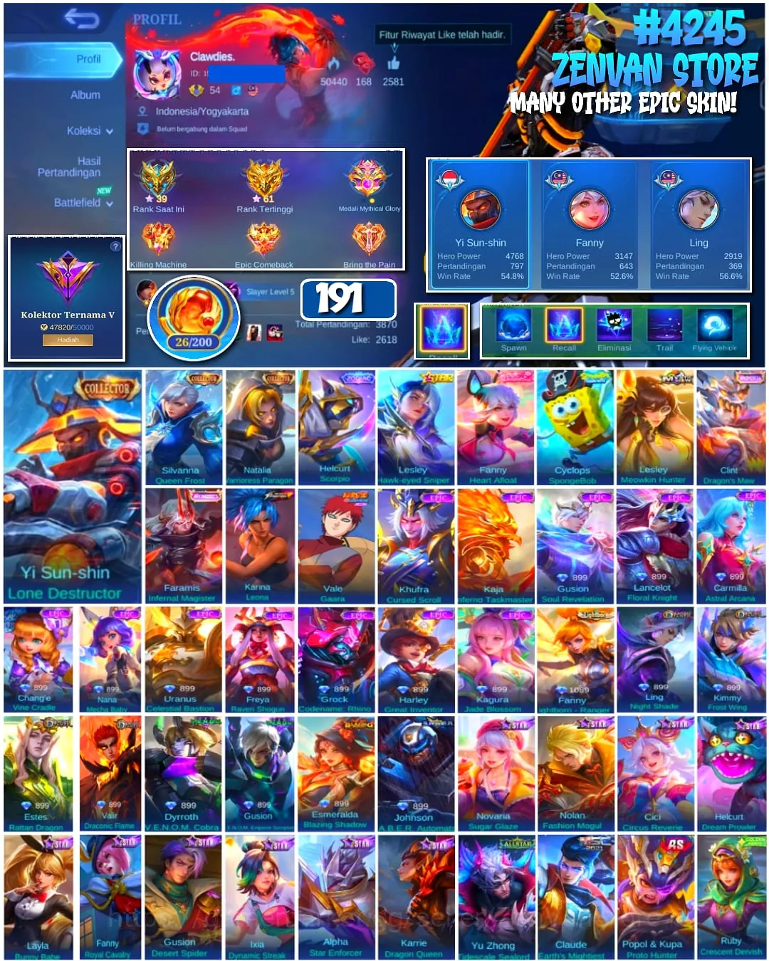 Mobile Legends: Bang Bang Accounts #4245 191 Skins | Yi Sun-shin Lone Destructor (Collector) | Silvanna Queen Frost 1