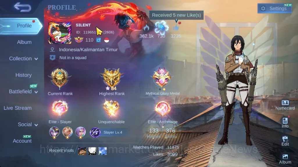 Mobile Legends: Bang Bang Accounts Collector Hero 133|Skin 376|Recall Seal Anvil|Fanny AOT,Gusion Naruto,Vexana 1
