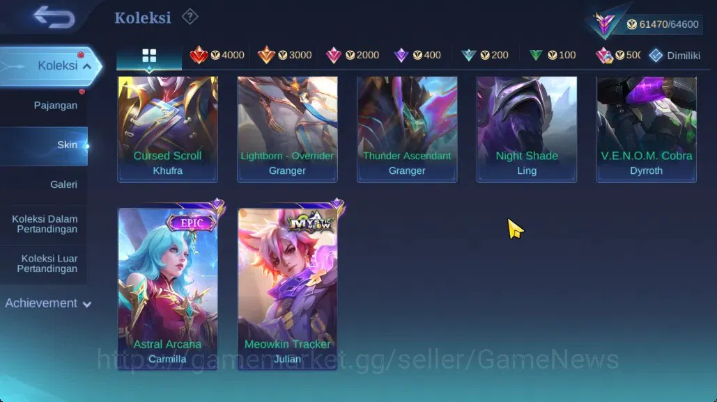 Mobile Legends: Bang Bang Accounts Collector Hero 122|Skin 227|Highest Imortal 128|Karina KOF,Prime 11