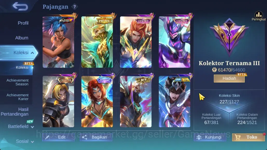 Mobile Legends: Bang Bang Accounts Collector Hero 122|Skin 227|Highest Imortal 128|Karina KOF,Prime 3