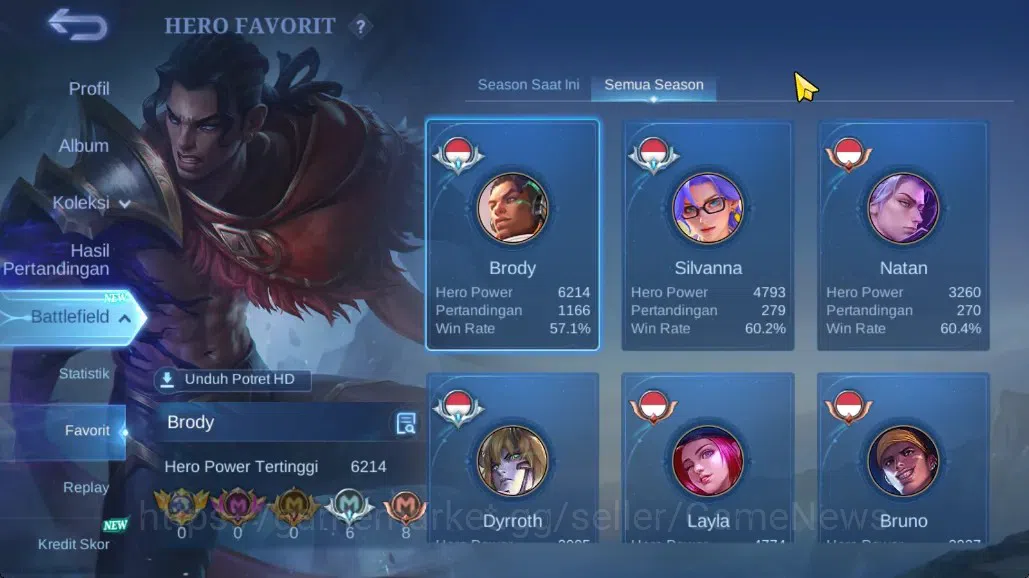 Mobile Legends: Bang Bang Accounts Collector Hero 122|Skin 227|Highest Imortal 128|Karina KOF,Prime 5