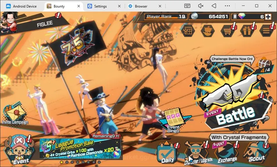 One Piece Bounty Rush Accounts High-End Android |4 EX|1 Max|PR 19|TW Zoro & Sanji Max,KOP Gol D. Roger,TFE St,Ethanbaron,TFE 1