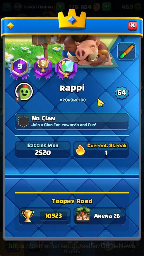 Clash Royale Accounts Midgame Lv 64|Trophy 10923|KTL 15|Limited Skin|Card 121| 3 Hero 16 EVO 8 Champ 21 Legendary 33 Epic 30 2