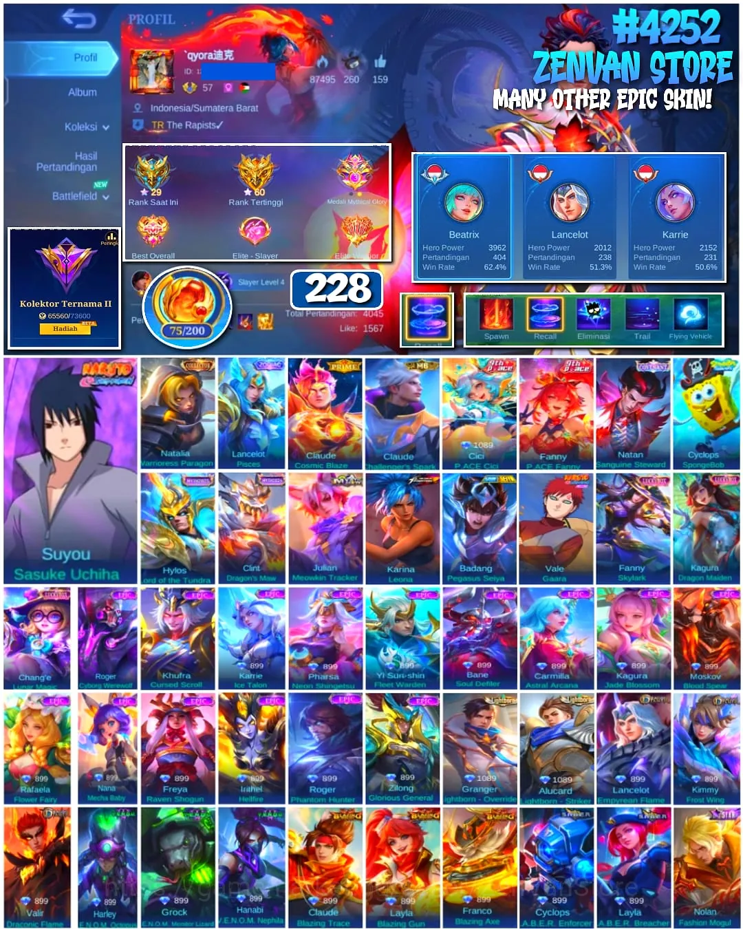 Mobile Legends: Bang Bang Accounts #4252 228 Skins | Suyou Sasuke Uchiha (Naruto) | Vale Gaara (Naruto) | Karina Leona (King 1