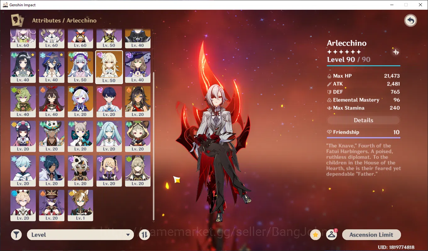 Genshin Impact Accounts ASIA | AR 54, arlechino, rossaria, bennet, xingqiu image 3